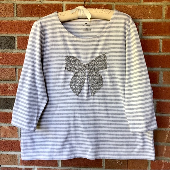 Talbots Gray Striped Long Sleeve Tee with Bow - Picture 1 of 5